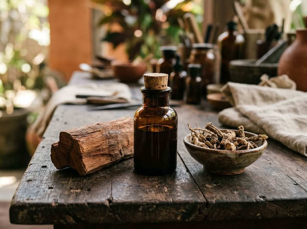 vetiver arranged with sandalwood as an earthy aromatherapy base note
