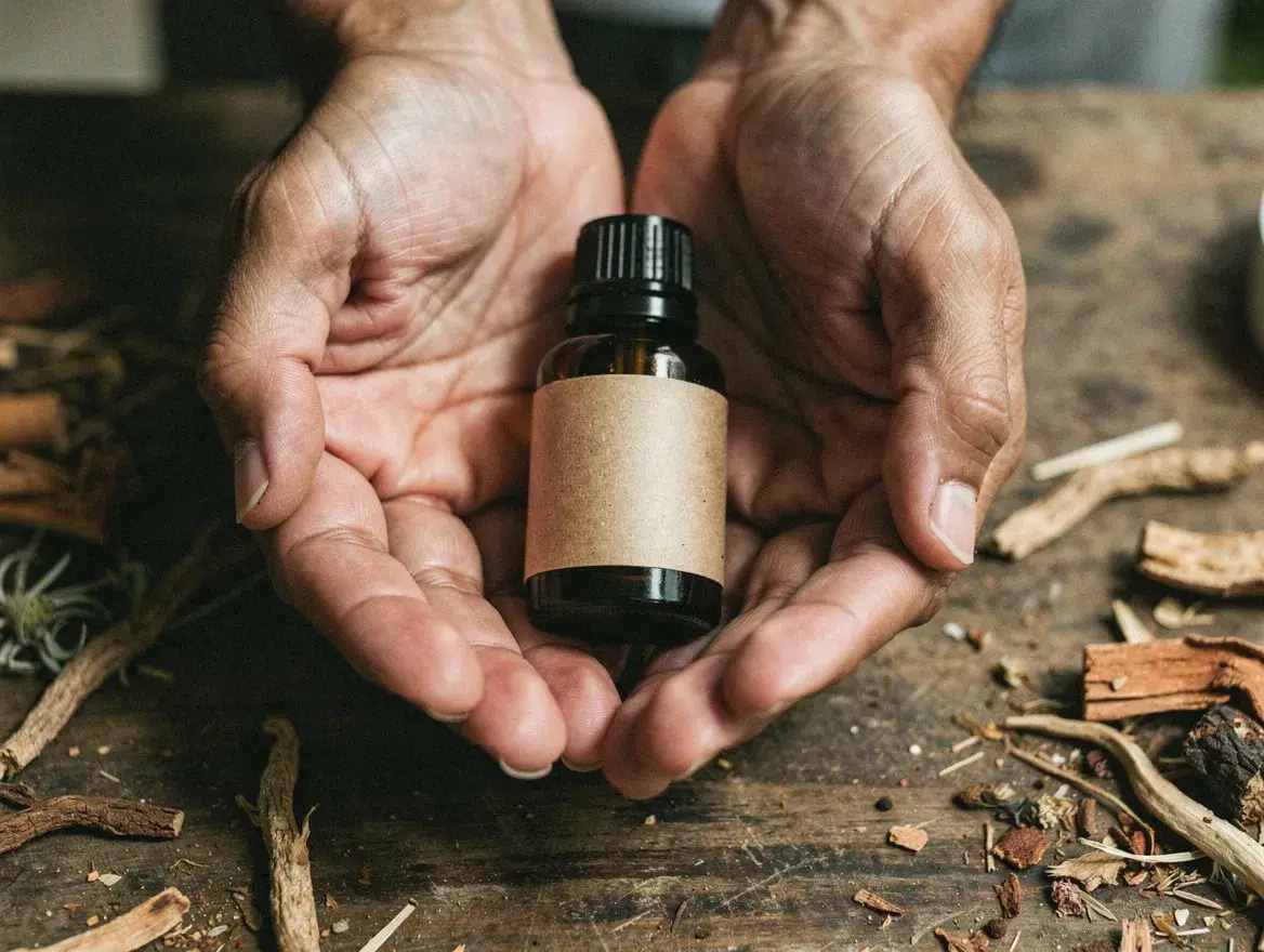 hands holding a dark glass bottle of essential oil, choosing a real vetiver oil