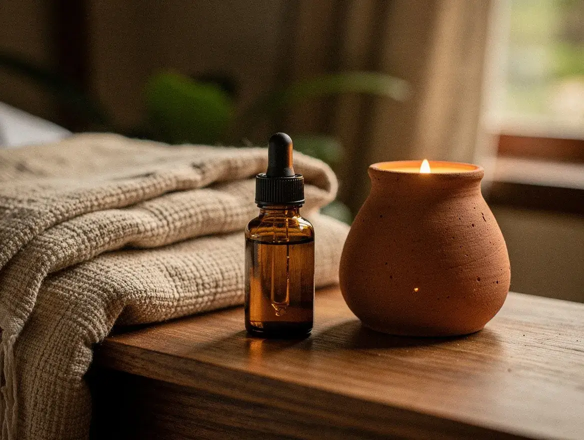 an amber essential oil bottle on a calm bedside table for evening grounding