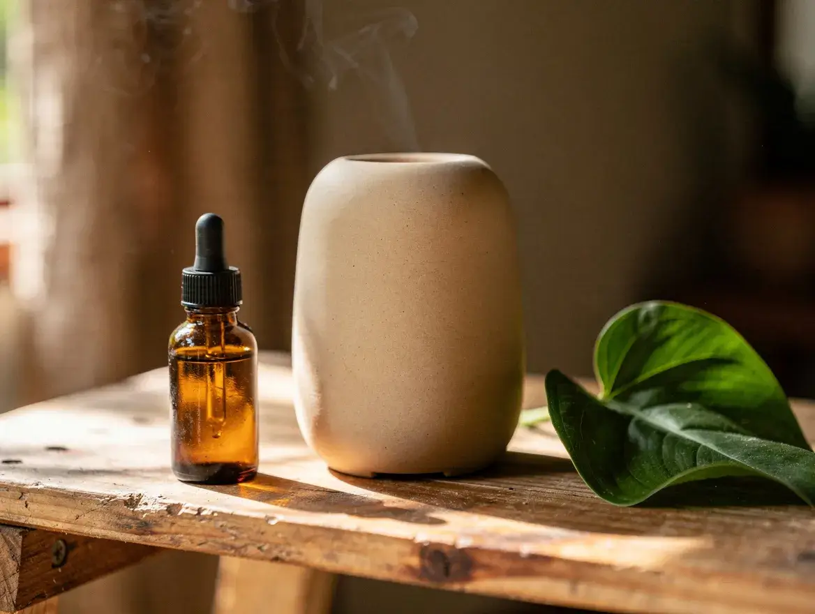 a ceramic diffuser and dropper bottle set up for using vetiver essential oil at home