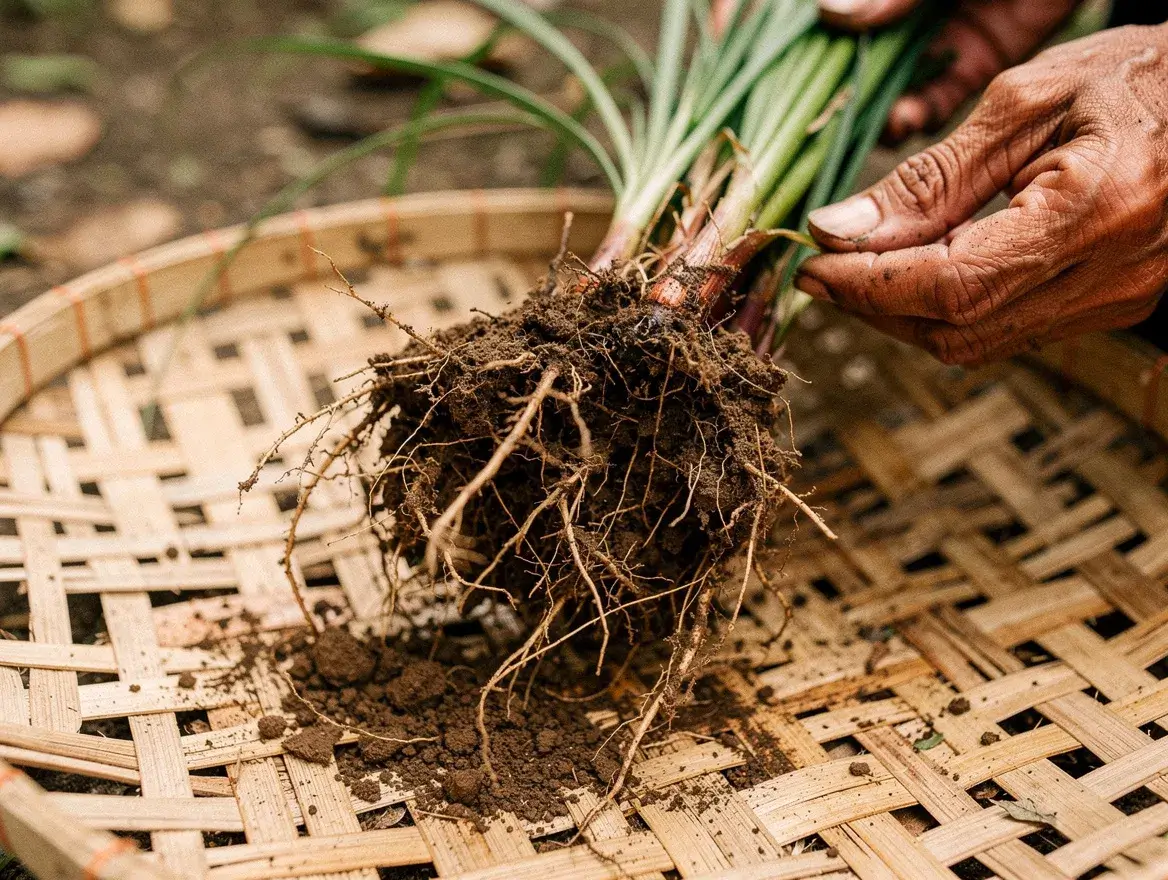 freshly harvested vetiver roots on a rattan mat, the source of vetiver essential oil