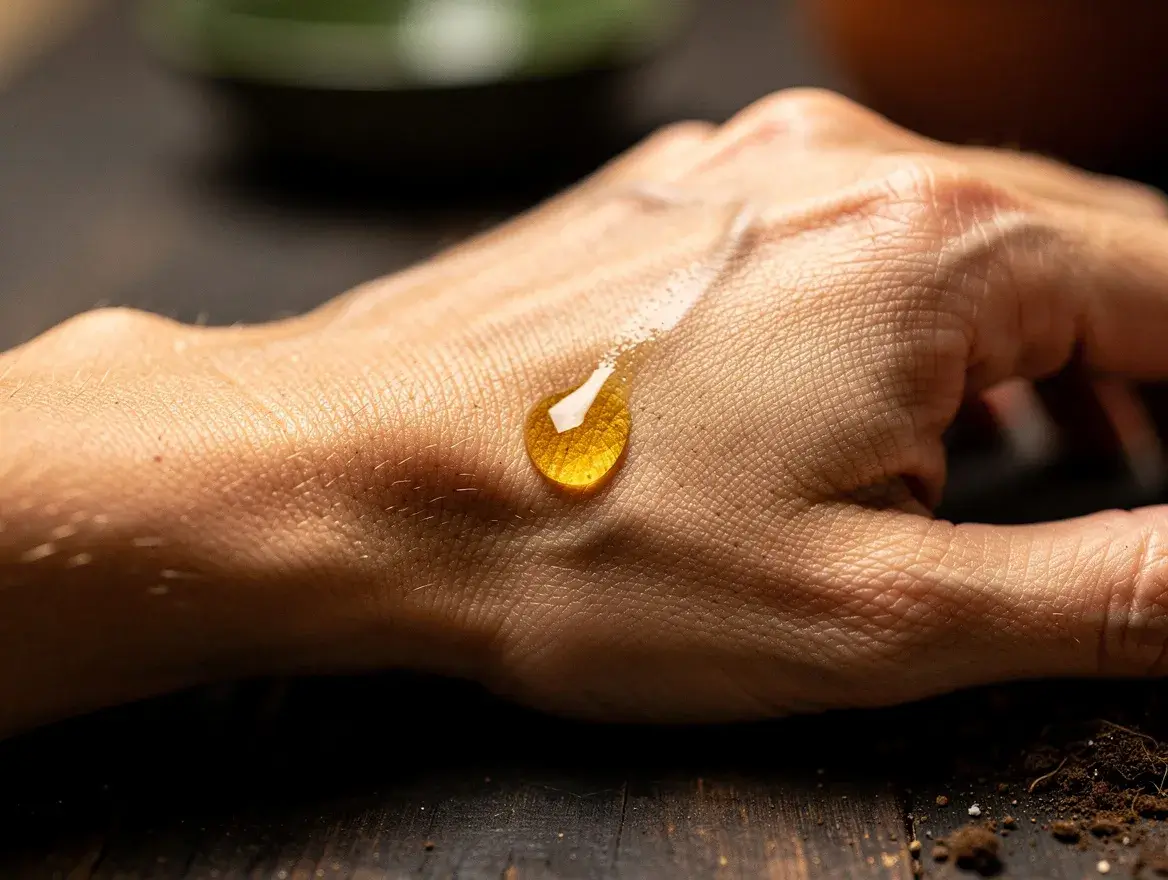 a drop of oil on skin illustrating vetiver oil diluted for topical use