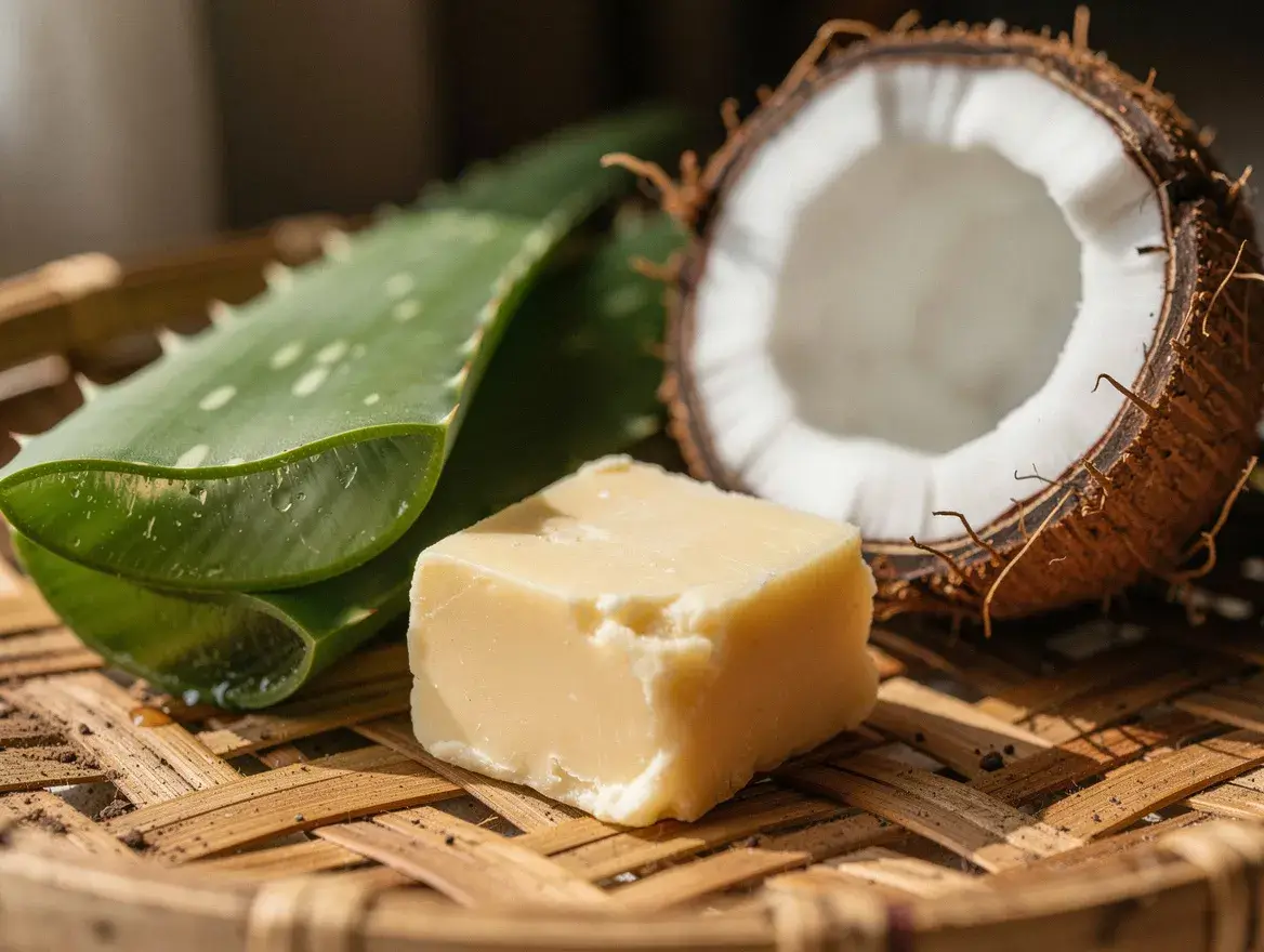 botanicals that help skin after sun: aloe vera gel, coconut, and cocoa body butter