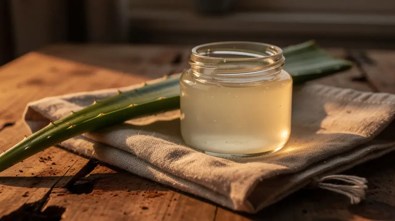 natural after sun care ingredients, aloe leaf and glass jar of aloe gel on linen at dusk