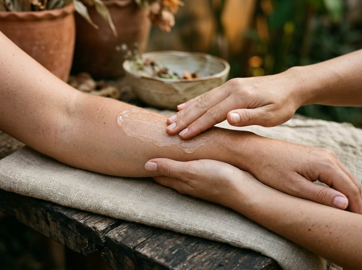 An after-sun ritual: smoothing aloe gel over skin