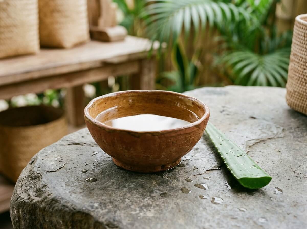 Cool water and an aloe leaf on stone, cooling versus soothing