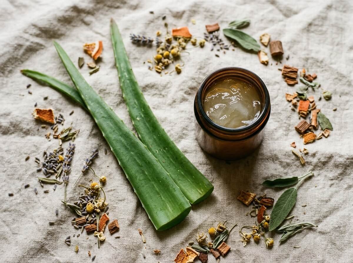 Aloe leaves and gel arranged on linen, aloe vera for sunburn FAQ