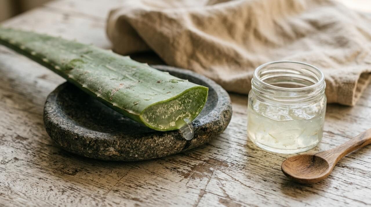 Aloe vera for sunburn: a cut aloe leaf and jar of clear gel on stone