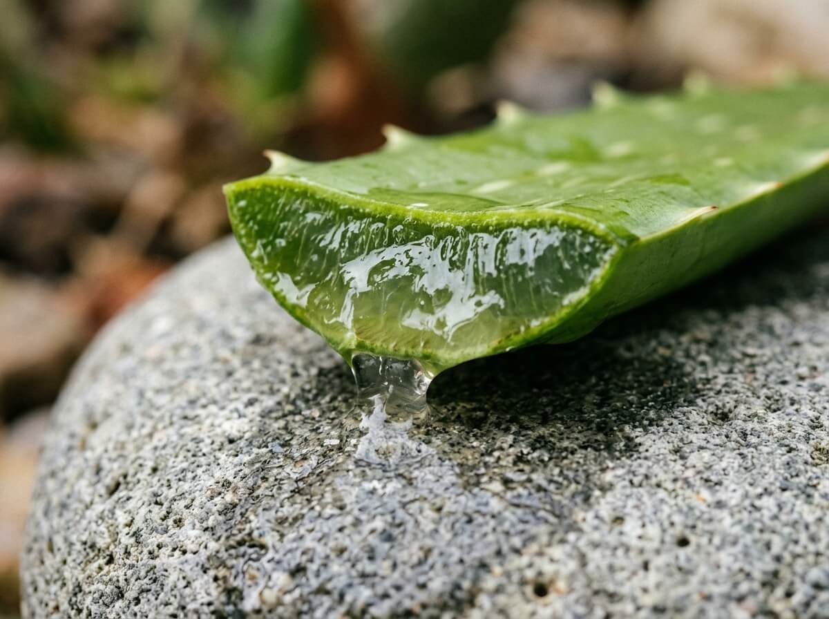 Clear gel welling from a cut aloe vera leaf