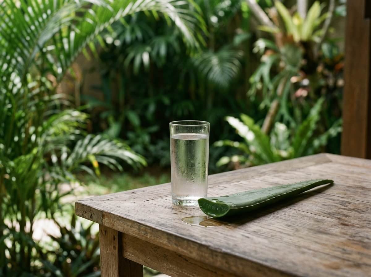 Water and aloe on a shaded veranda, sunburn recovery and rest