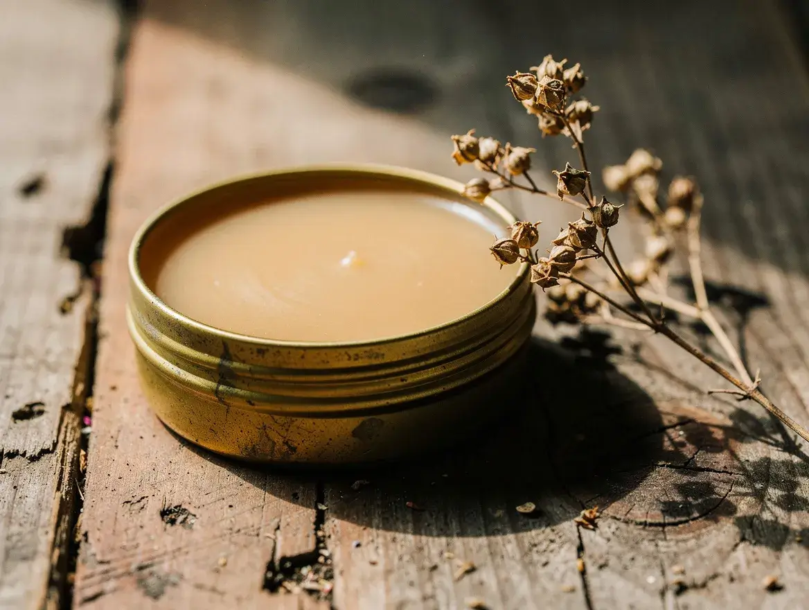 a dense solid body balm setting firm in a small brass tin