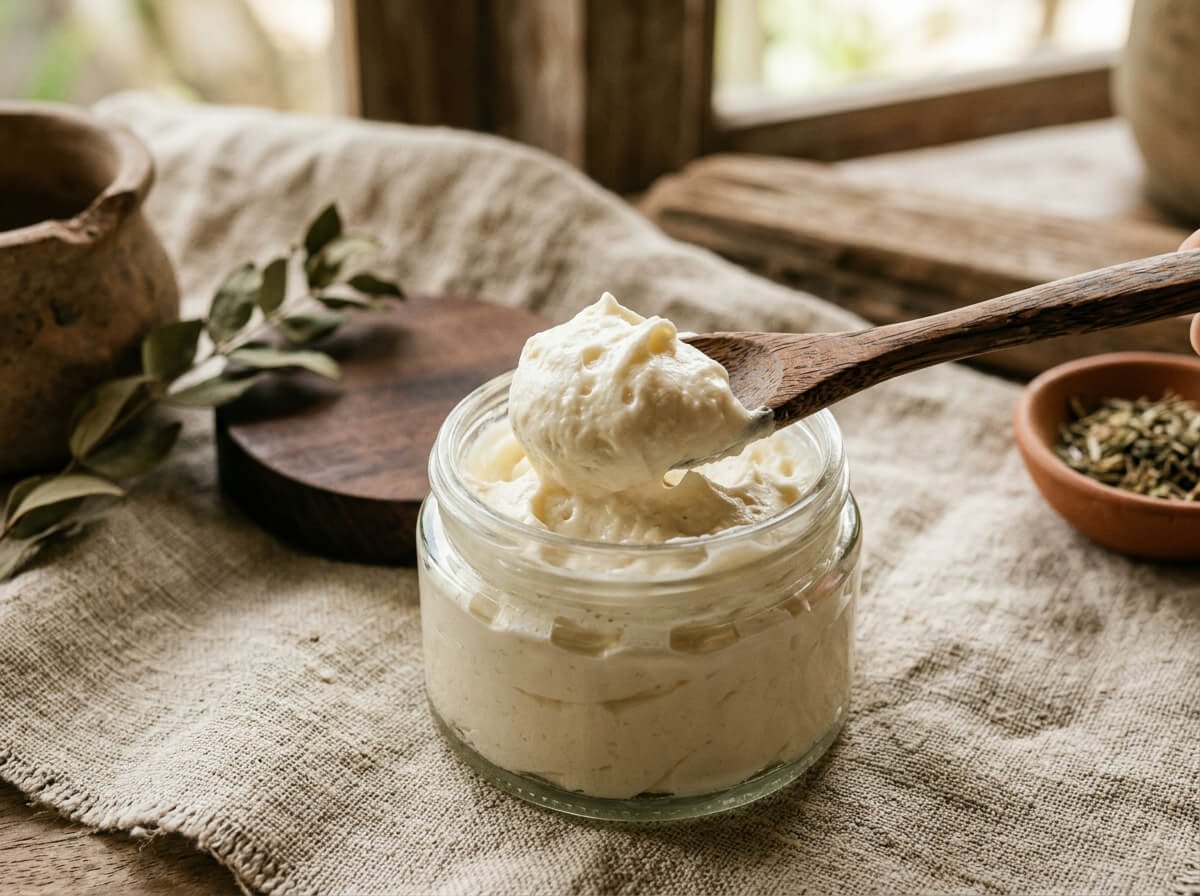 soft whipped body butter with an aerated peak lifted on a wooden spoon