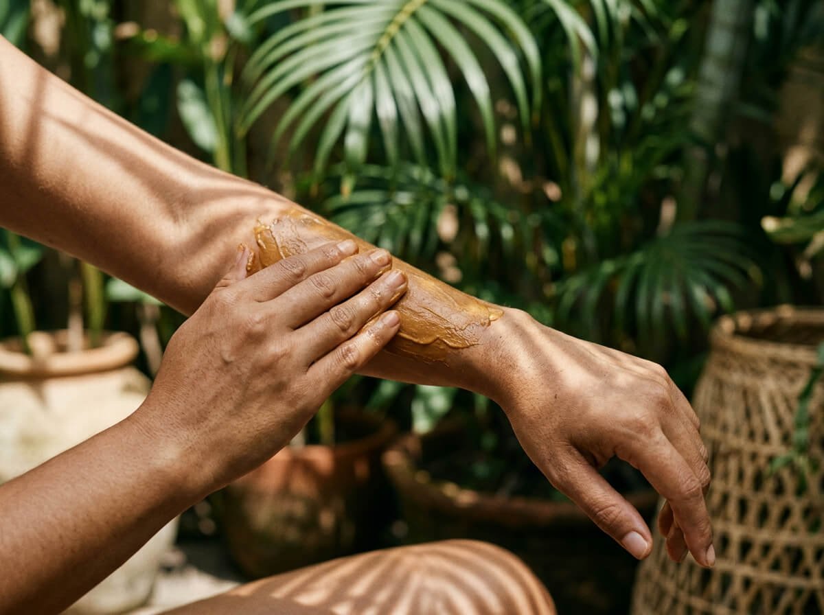rich body butter being massaged into skin in warm tropical light