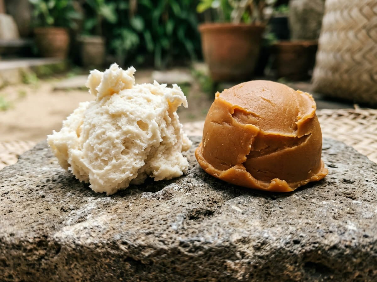 whipped body butter texture beside firm body balm texture on stone