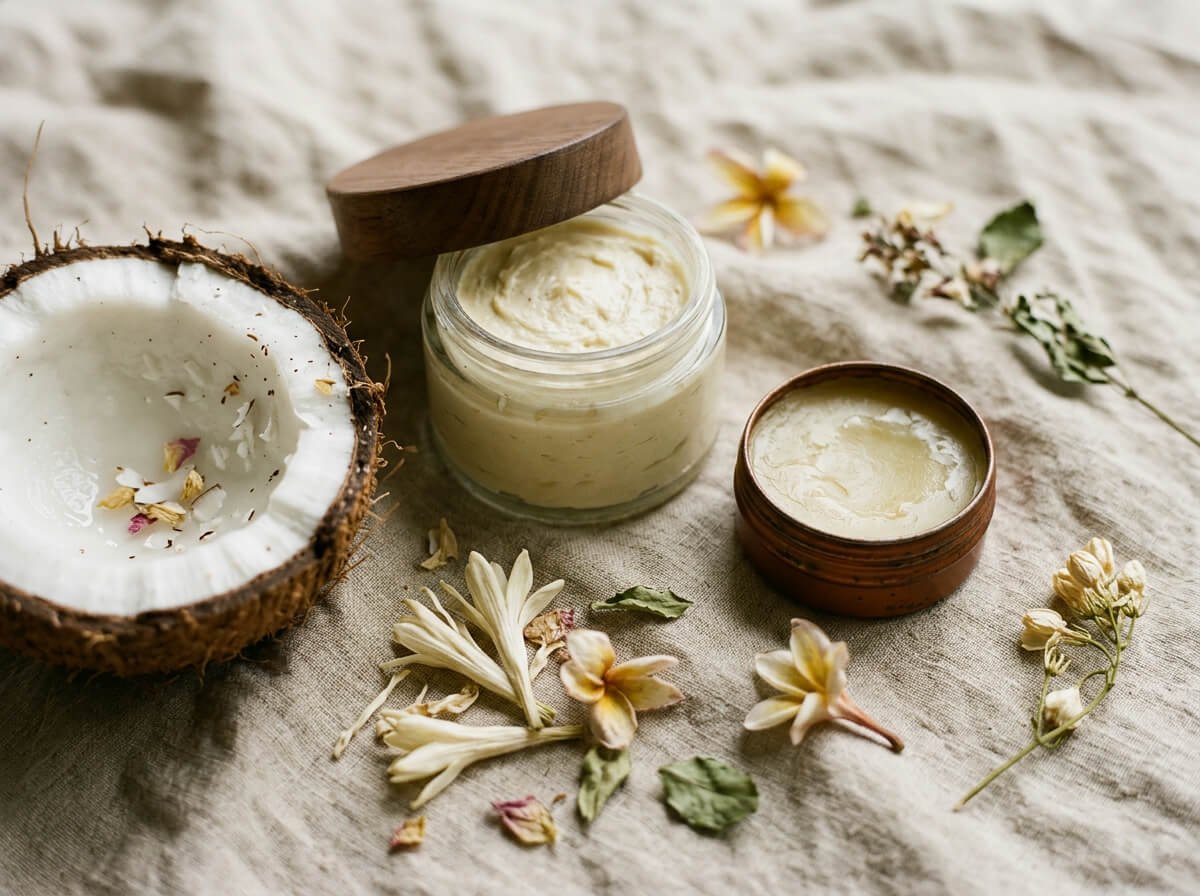 flat lay of a body butter jar and body balm tin with botanicals