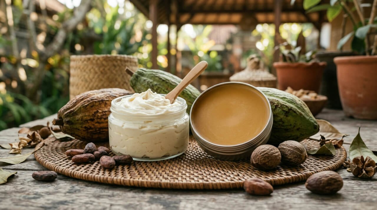 body balm vs body butter, a jar of whipped body butter beside a solid body balm tin on rattan