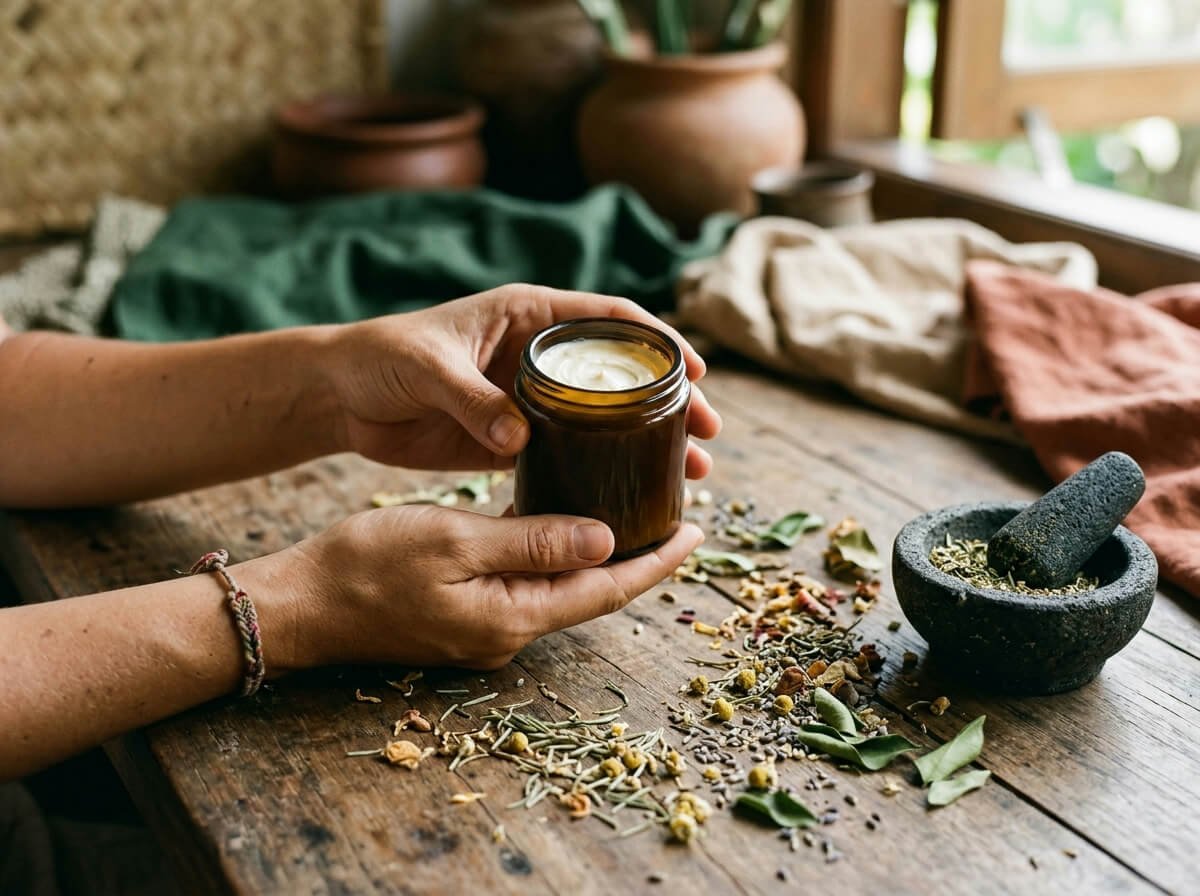 hands examining a plain jar of natural body cream with botanicals
