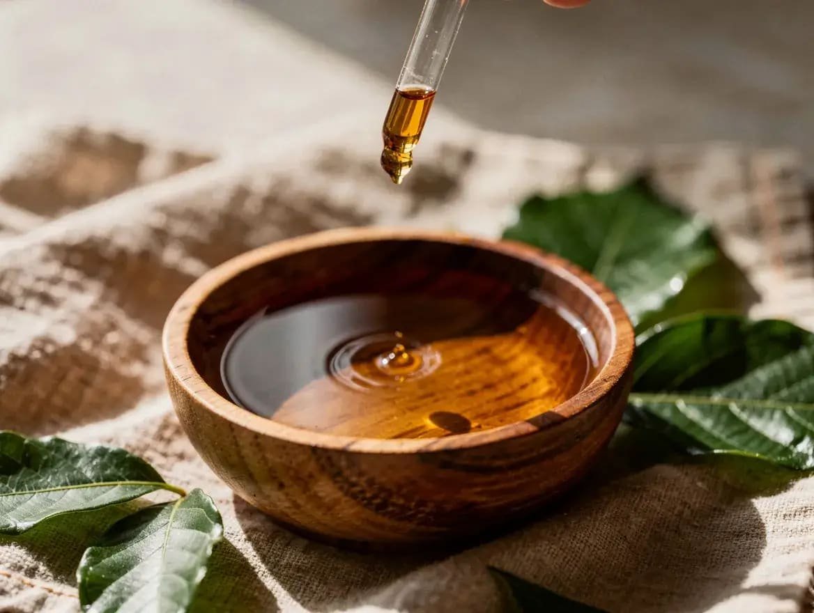 amber cajeput oil dropped into a wooden bowl of carrier oil