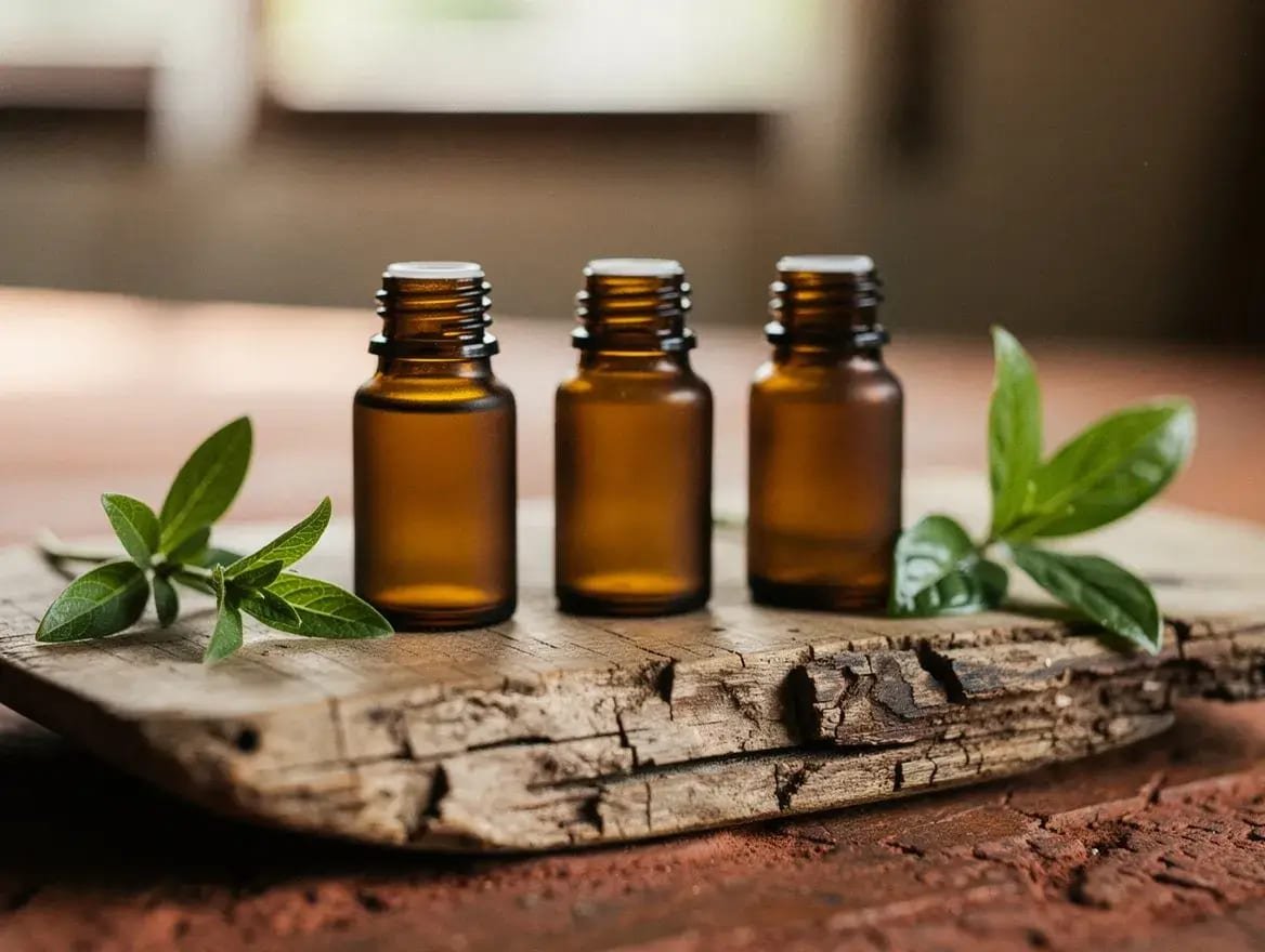 three amber oil bottles comparing cajeput, tea tree, and eucalyptus