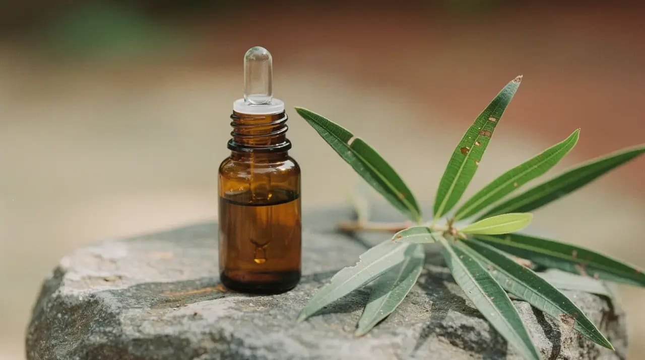 cajeput essential oil benefits shown in an amber bottle beside fresh melaleuca leaves