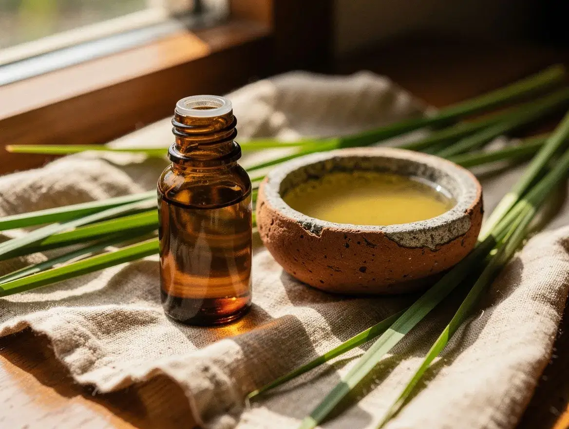 citronella essential oil in an amber bottle with a stone bowl
