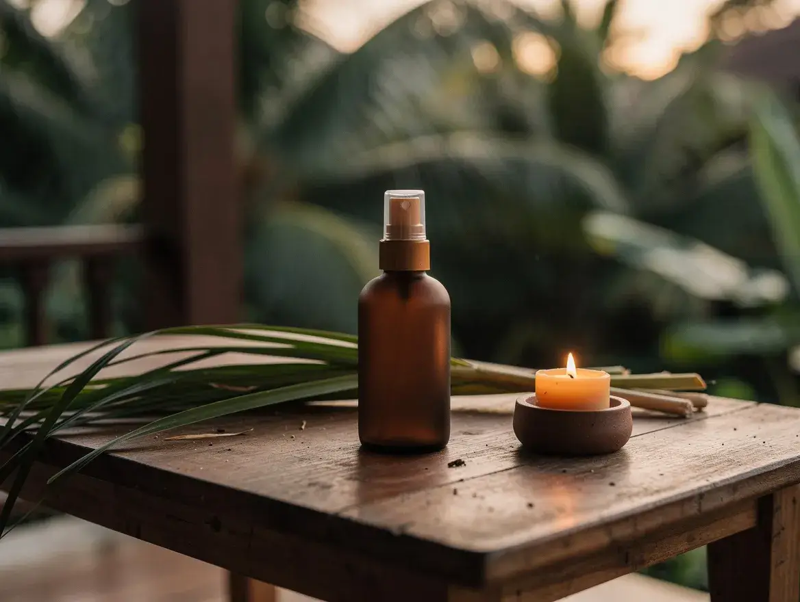 natural citronella-based insect repellent on a tropical verandah