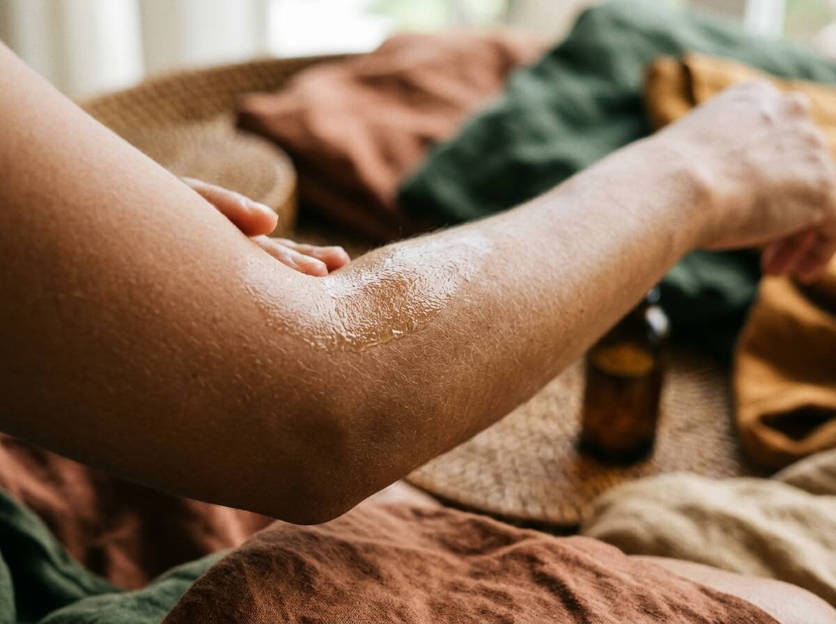 Coconut oil applied to dry skin on the arm as a body moisturiser