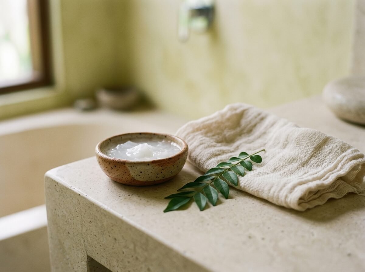Coconut oil in a ceramic dish with a muslin cloth for facial use