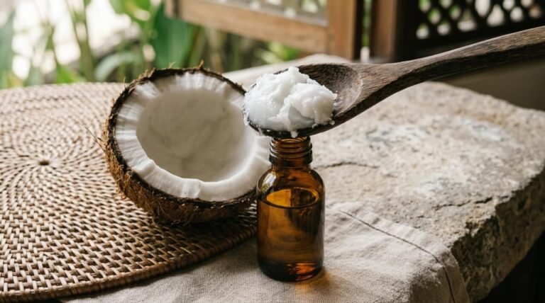 Fresh halved coconut and a glass bottle of virgin coconut oil on linen