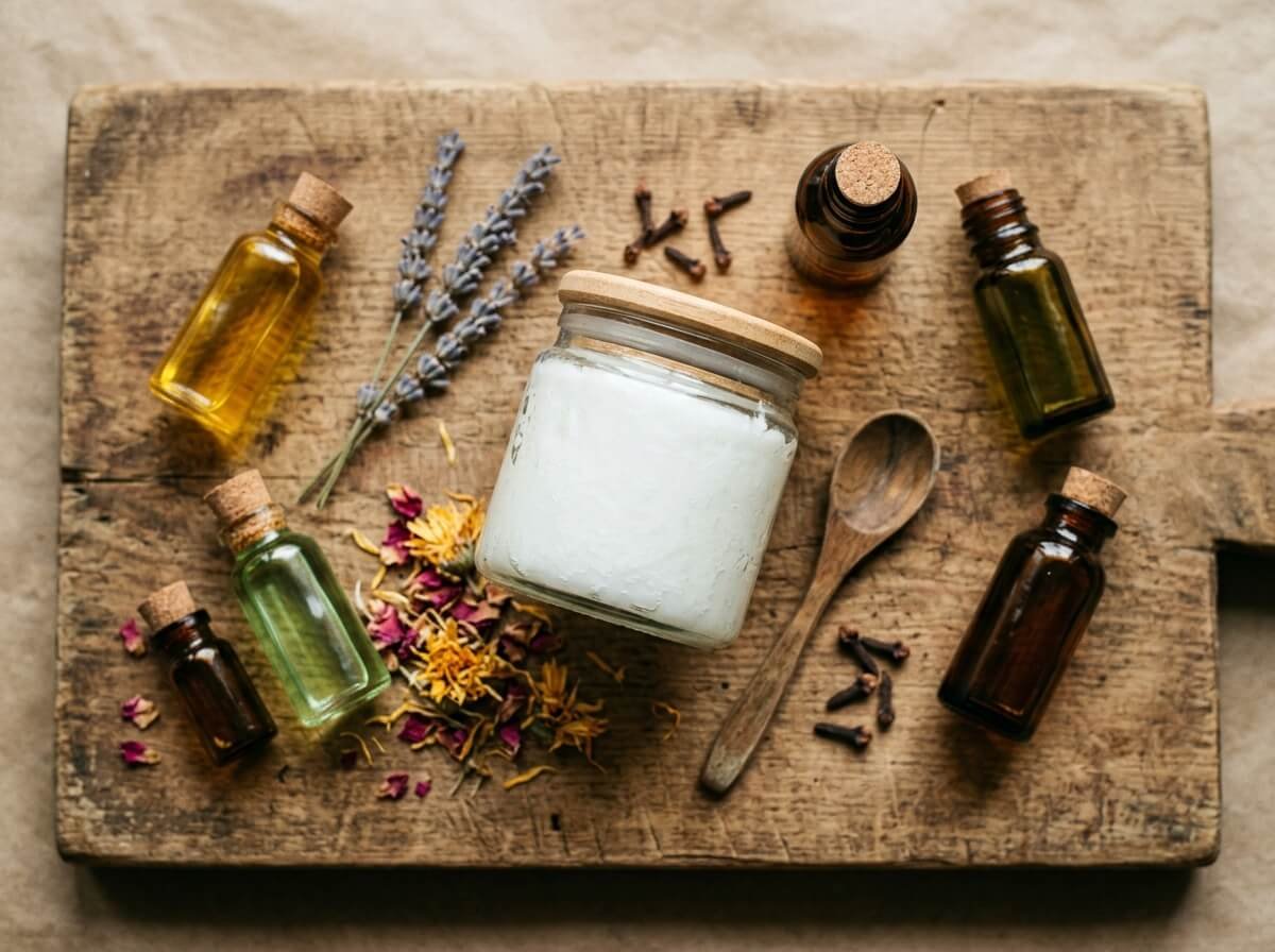 Coconut oil alongside other botanical oils on a wooden board
