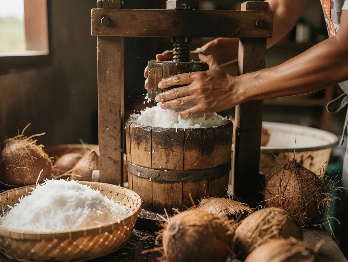 Cold-pressing virgin coconut oil in Bali