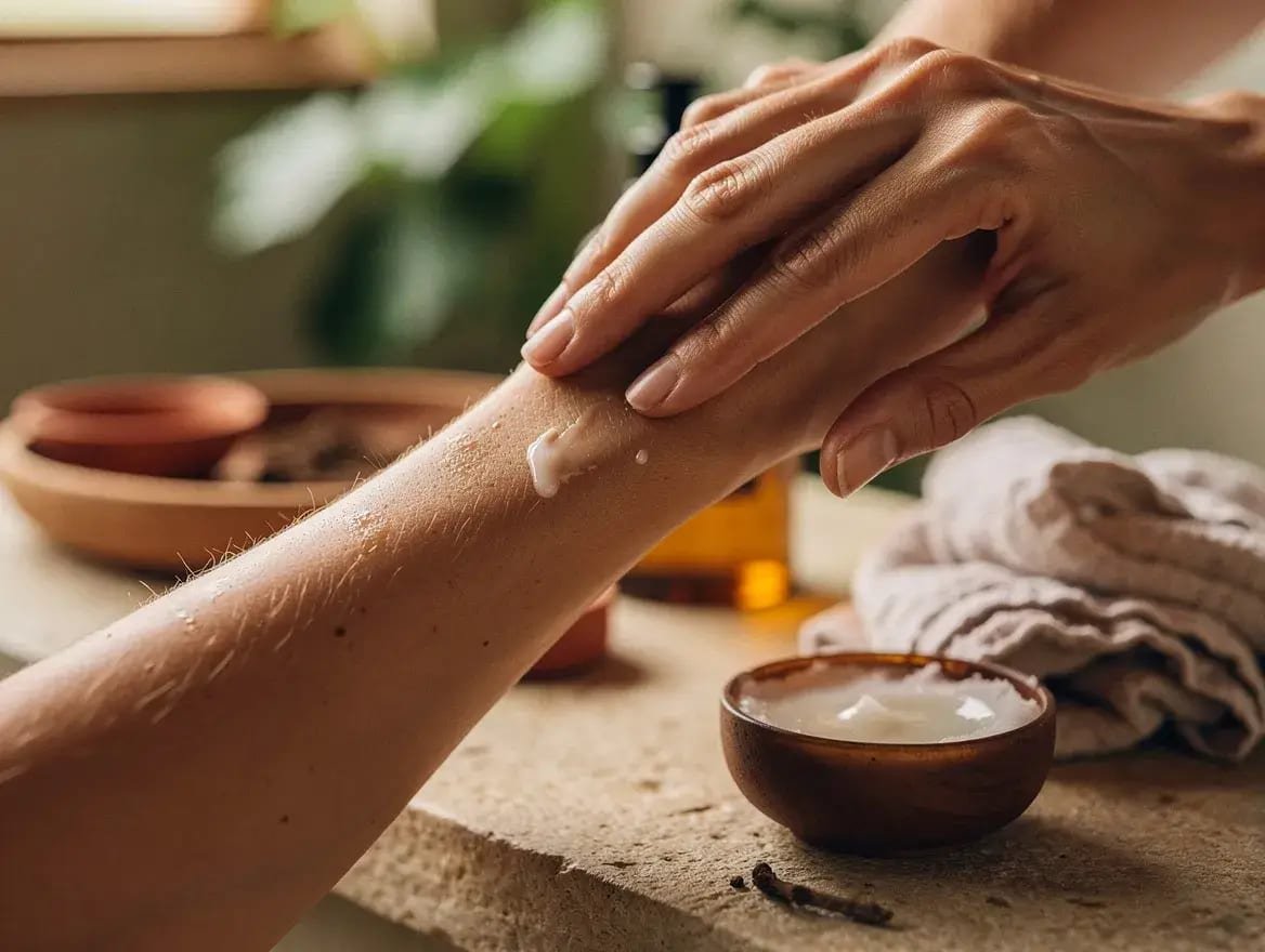 Applying coconut oil to damp skin as a daily ritual