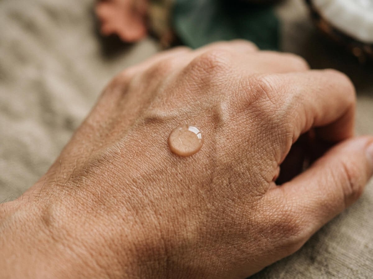 A drop of coconut oil absorbing into skin on the back of a hand
