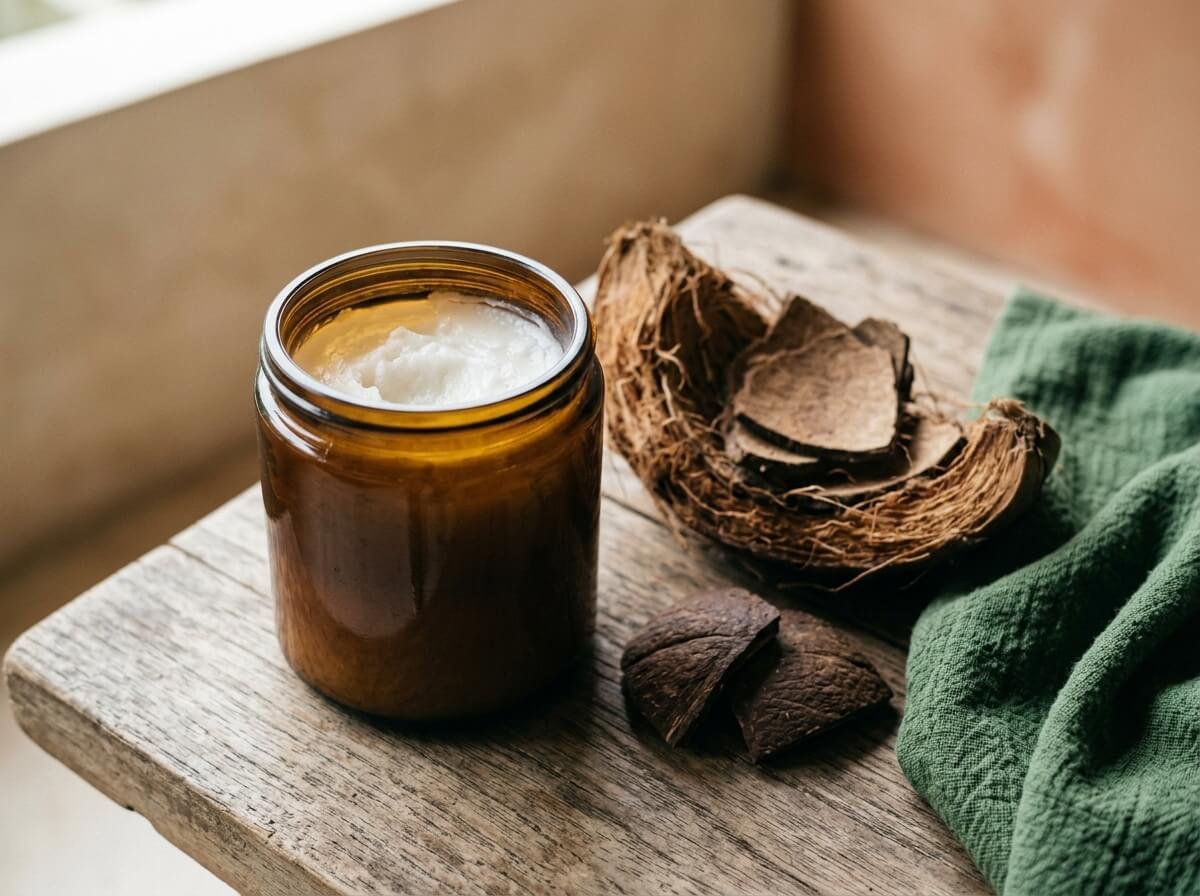 Cold-pressed virgin coconut oil in an amber jar with coconut husks