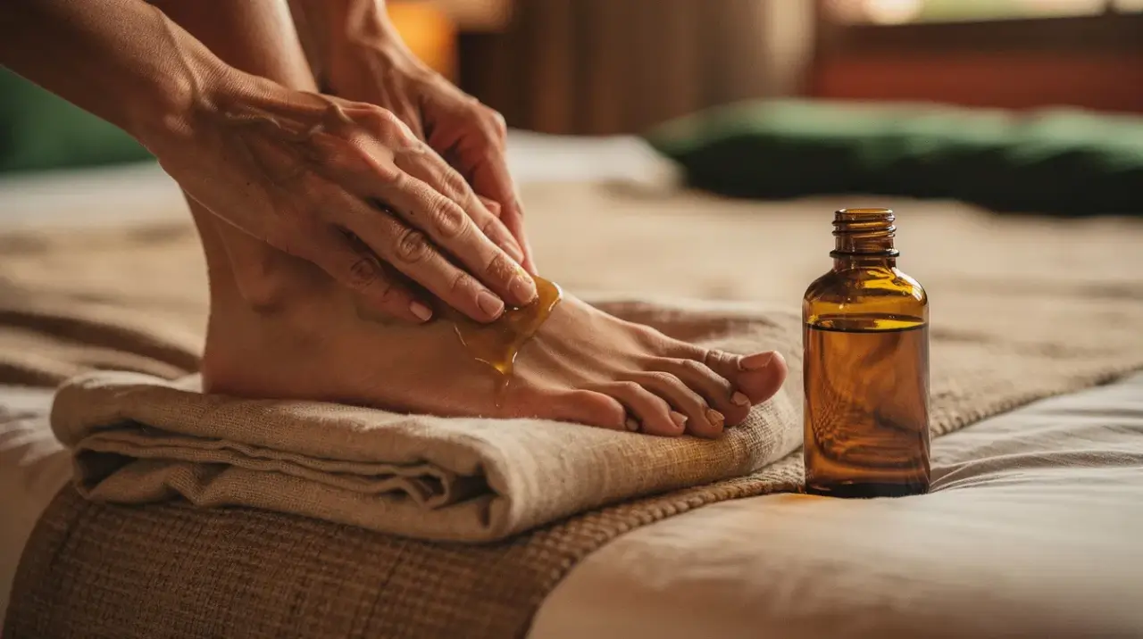 hands massaging body oil into a foot beside a small amber oil bottle