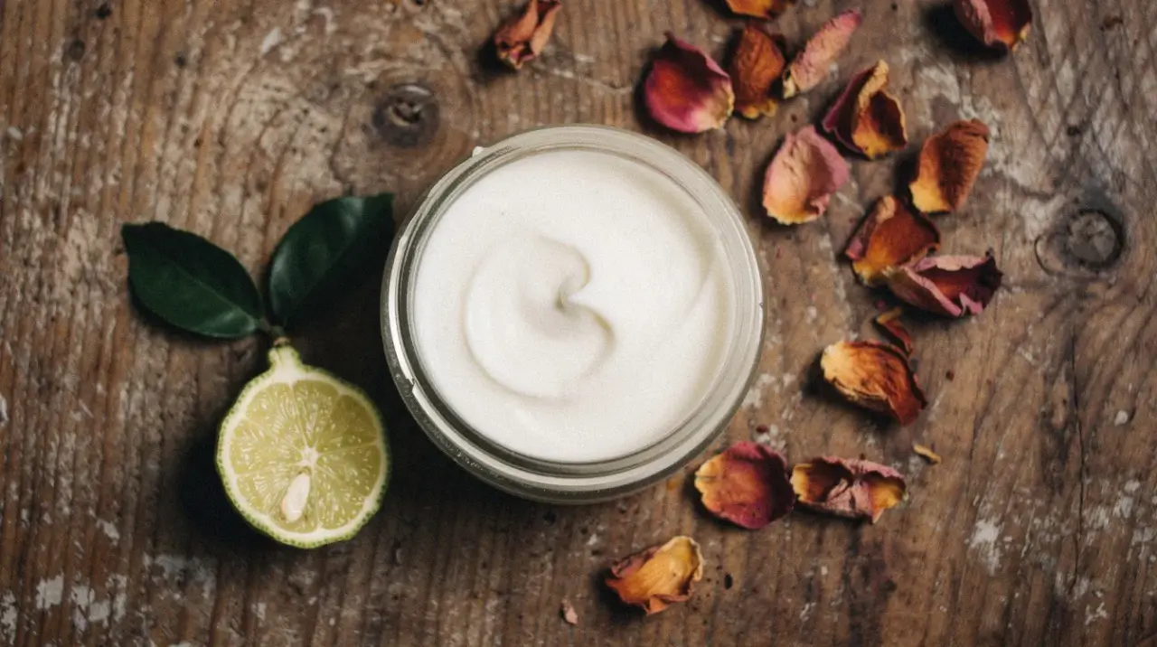 open jar of natural body butter beside fresh botanicals on a wooden surface