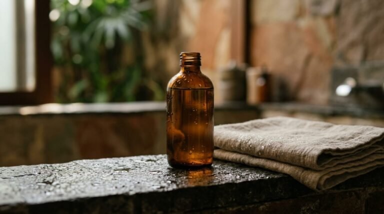amber body oil bottle on a wet stone ledge beside a folded linen towel