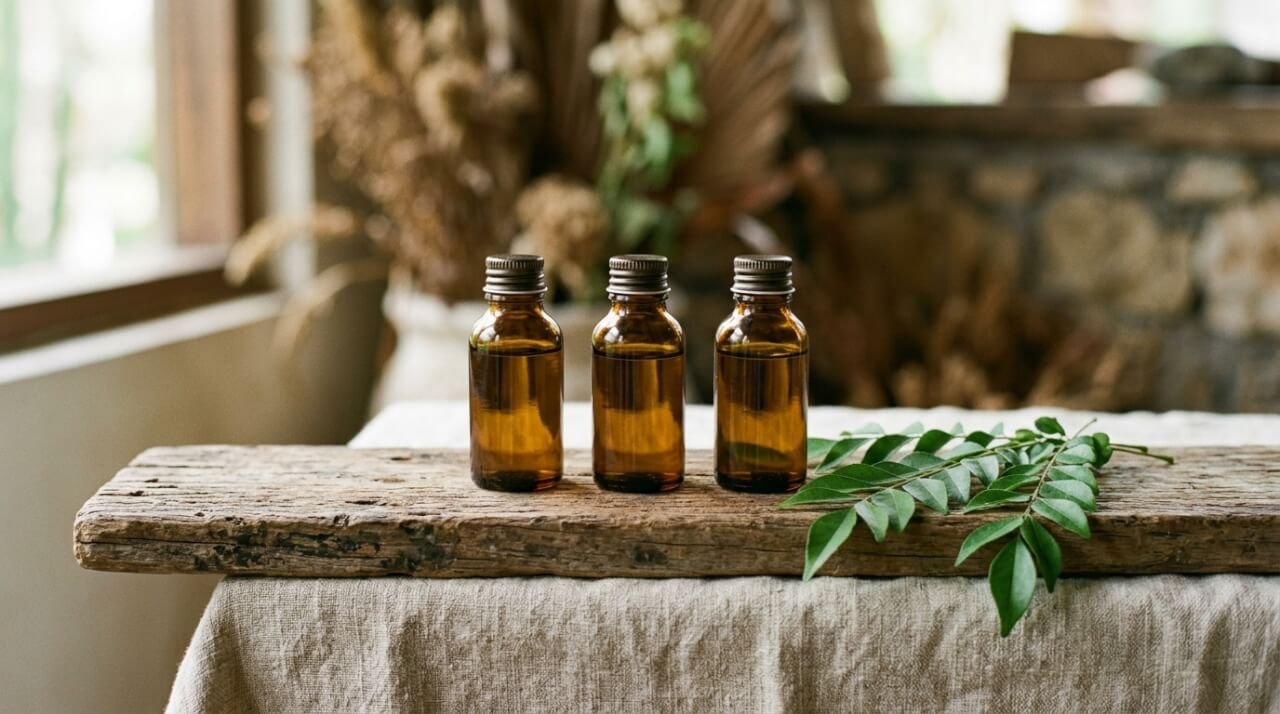 three simple bottles of botanical oil on a wooden shelf in soft morning light