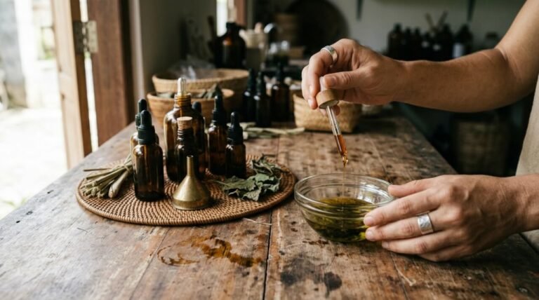 hands blending botanical oils at a wooden workbench in a family workshop