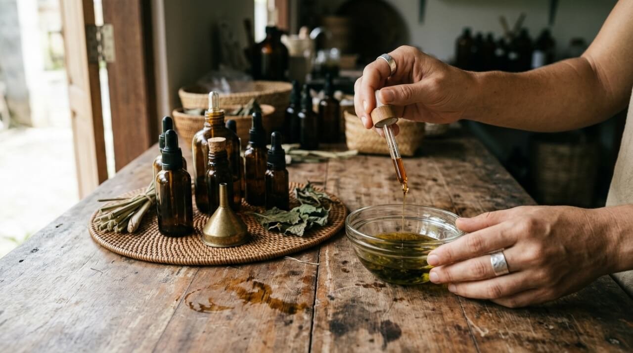 hands blending botanical oils at a wooden workbench in a family workshop