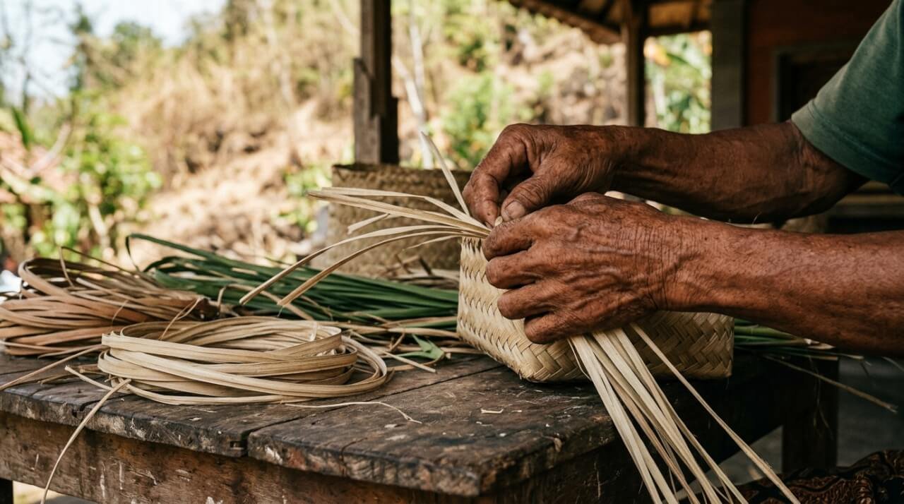 hands weaving natural fibre in an East Bali village workshop