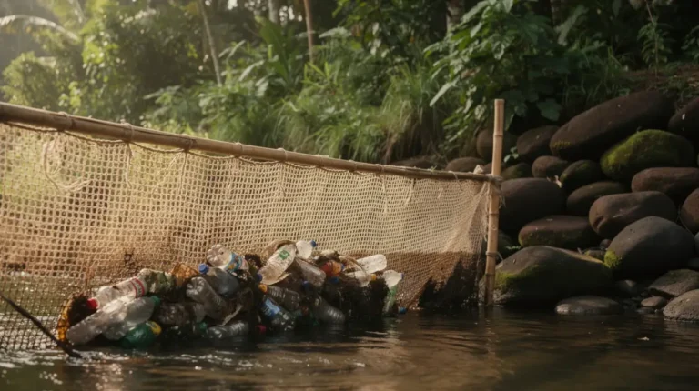 a river barrier collecting plastic debris in front of green tropical foliage