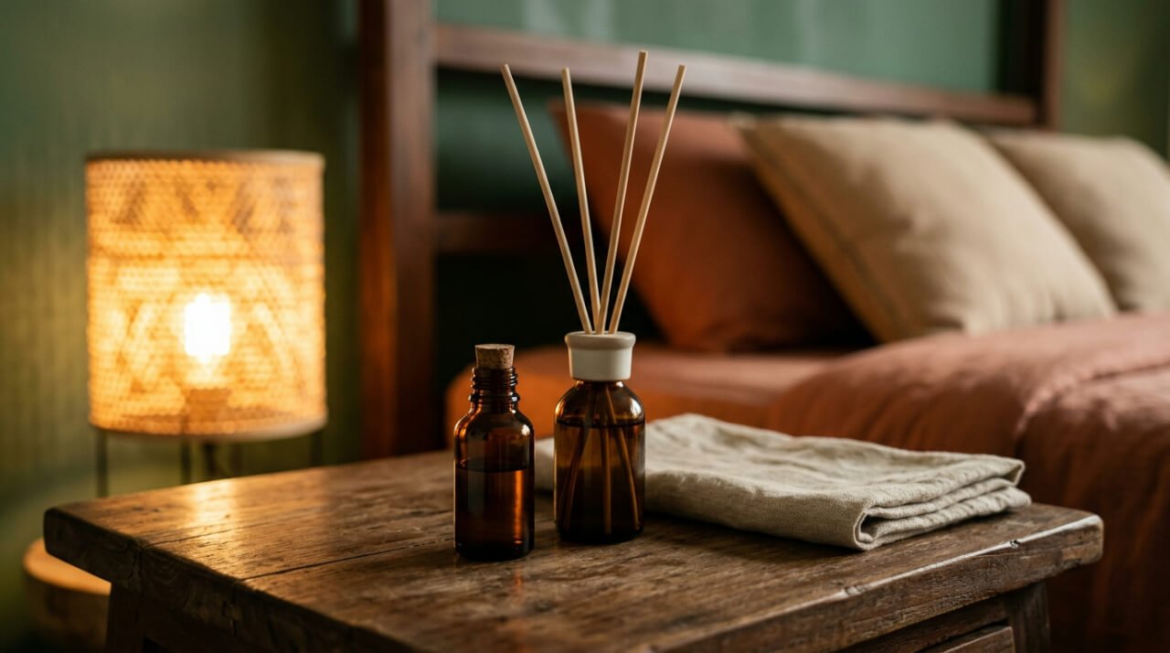amber essential oil bottle and reed diffuser on a bedside table in warm evening light