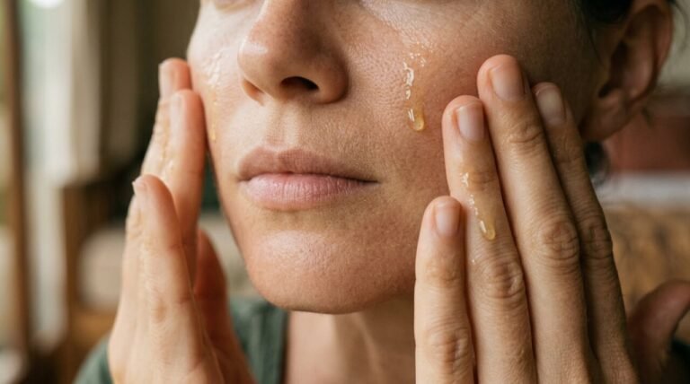 hands gently massaging the face with a light facial serum in soft morning light