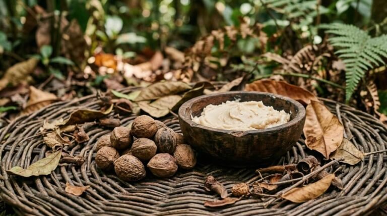 illipe nuts and freshly pressed illipe butter on woven rattan