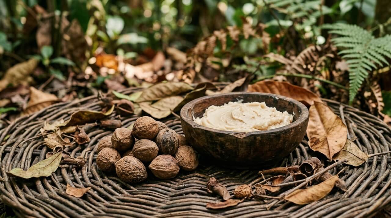 illipe nuts and freshly pressed illipe butter on woven rattan
