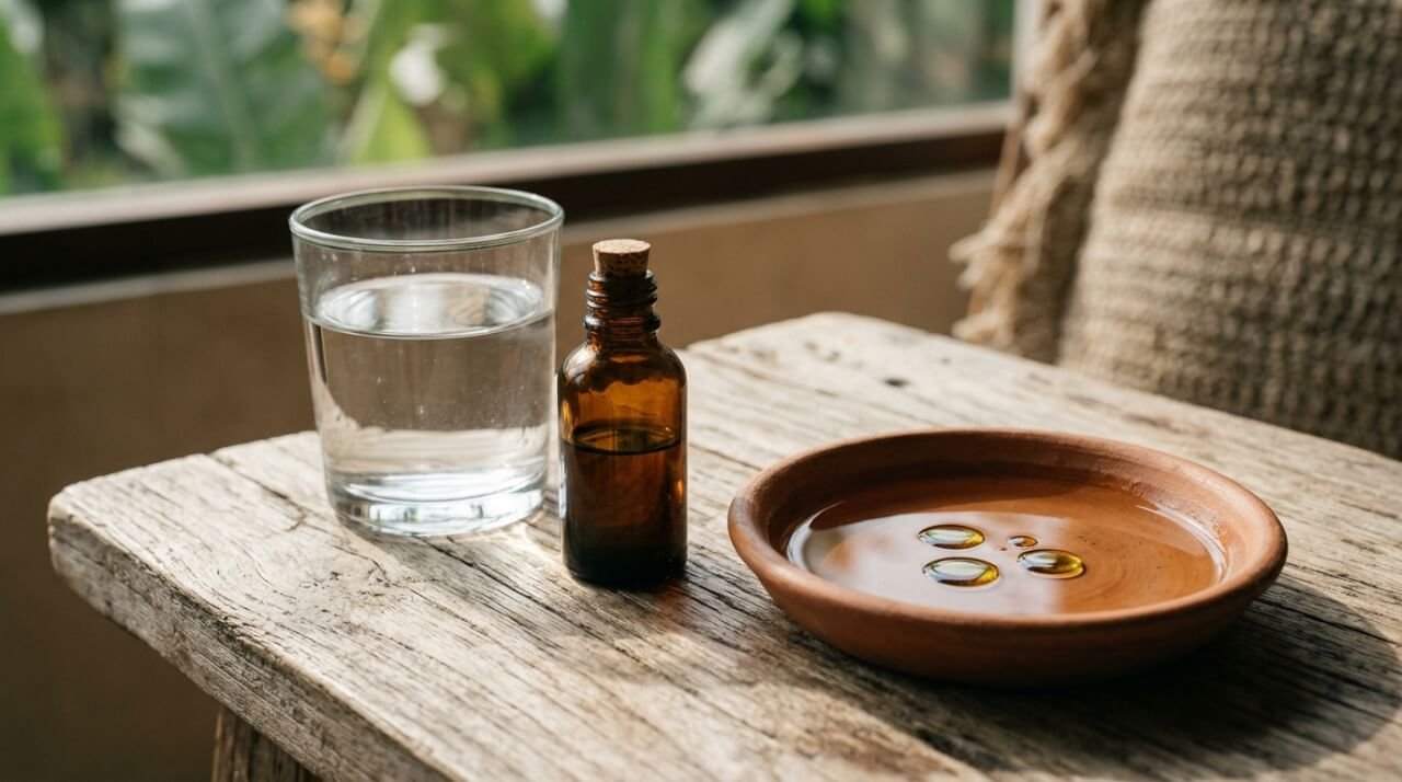 a glass of water beside a bottle of botanical facial oil on a wooden table