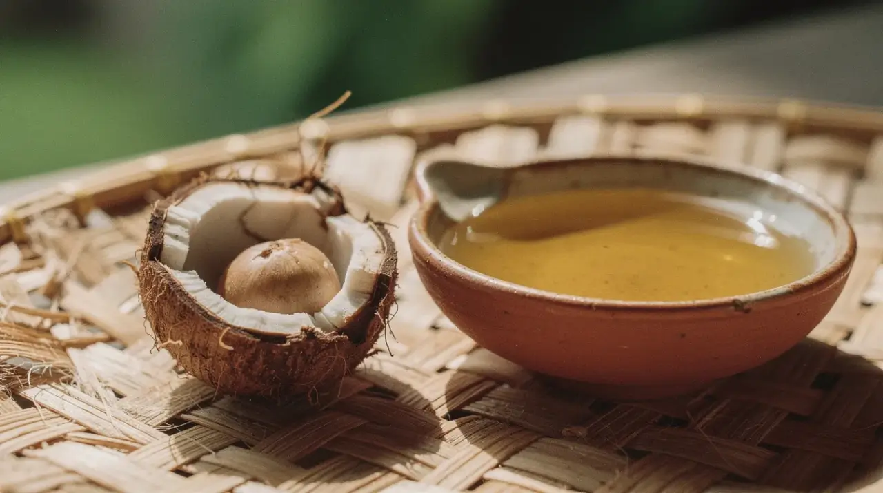Kukui candlenut and cold-pressed oil on woven rattan