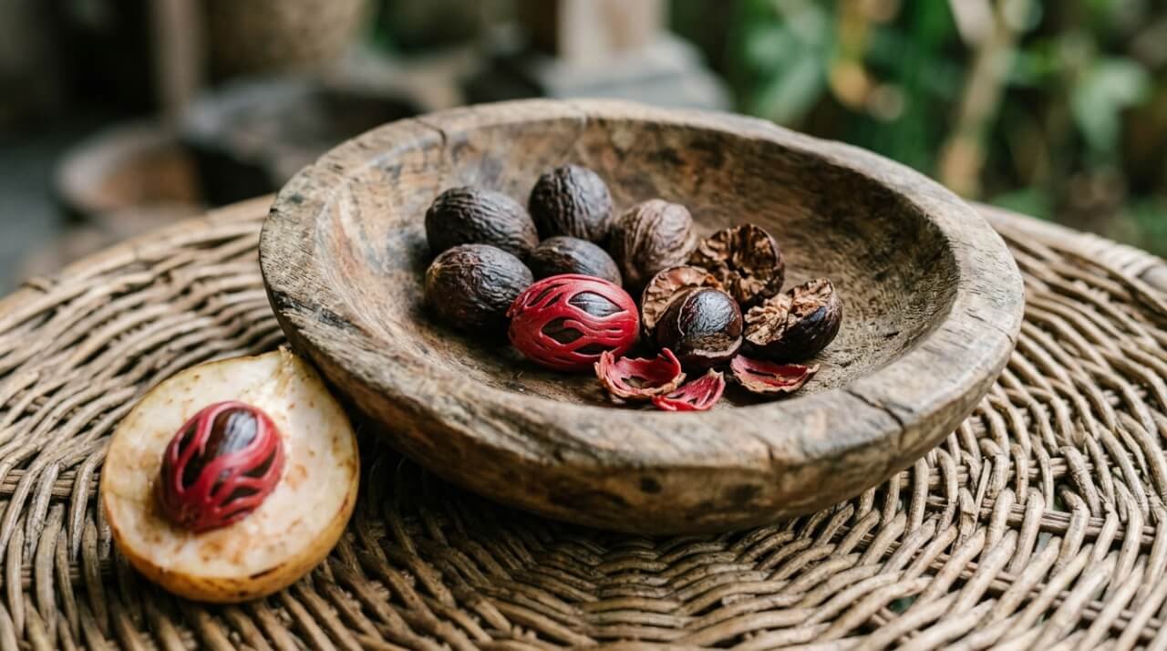 Whole nutmeg seeds and red mace on a wooden bowl