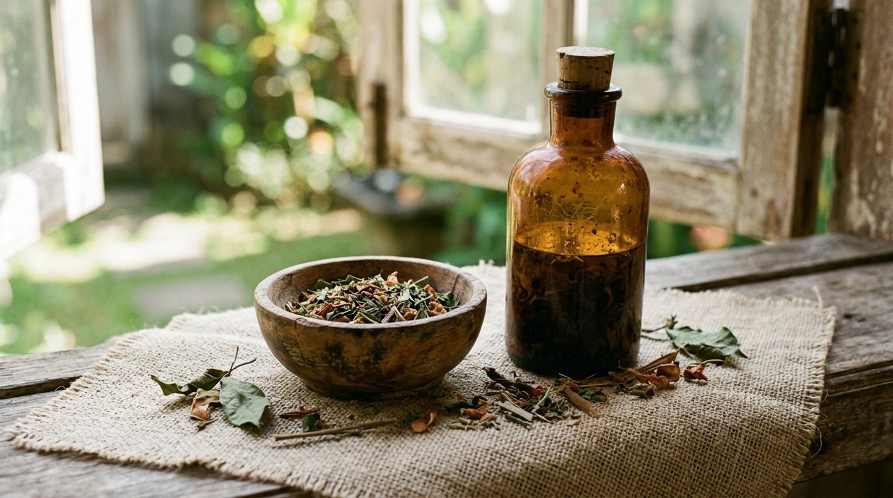 a well-used amber glass bottle and worn wooden bowl in morning light